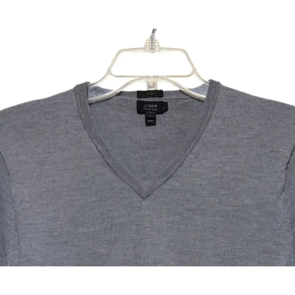 J Crew Merino Wool Sweater L Slim Fit V Neck Long Sleeves Gray 100% Merino Wool